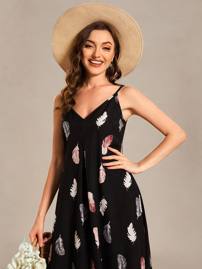 Printed Spaghetti Straps Sleeveless Wedding Guest Dress