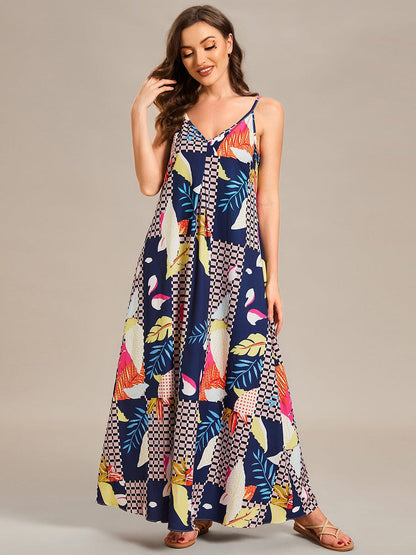 Printed Spaghetti Straps Sleeveless Wedding Guest Dress