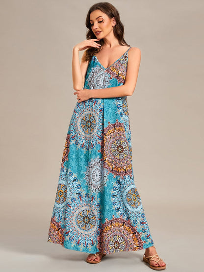 Printed Spaghetti Straps Sleeveless Wedding Guest Dress