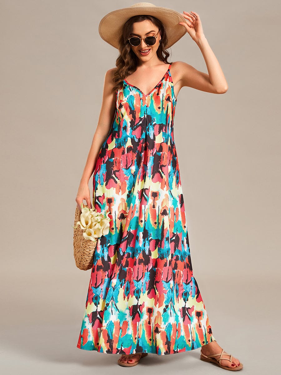 Printed Spaghetti Straps Sleeveless Wedding Guest Dress