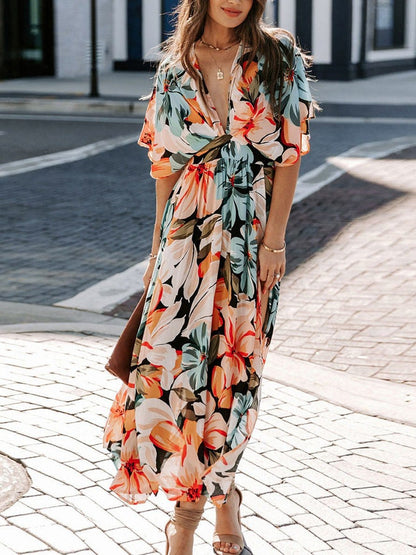 Printed V-Neck Elastic Waist Slit Dress