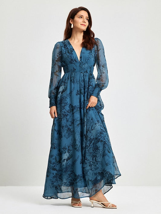 Floral Chiffon Elegant Maxi Wedding Guest Dress