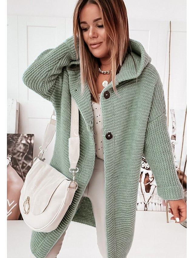 Women's Cardigan Sweater Jumper Knit Button Knitted Solid Color Hooded Stylish Casual Daily Weekend Winter Fall Green Pink S M L / Long Sleeve / Regular Fit