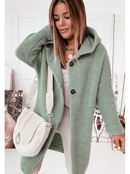 Women's Cardigan Sweater Jumper Knit Button Knitted Solid Color Hooded Stylish Casual Daily Weekend Winter Fall Green Pink S M L / Long Sleeve / Regular Fit