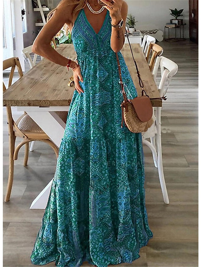 Women's Dress - Boho Dress Long Dress Maxi Dress Green Purple Pink Sleeveless Abstract Print Spring Summer V Neck Classic 2023 S M L XL