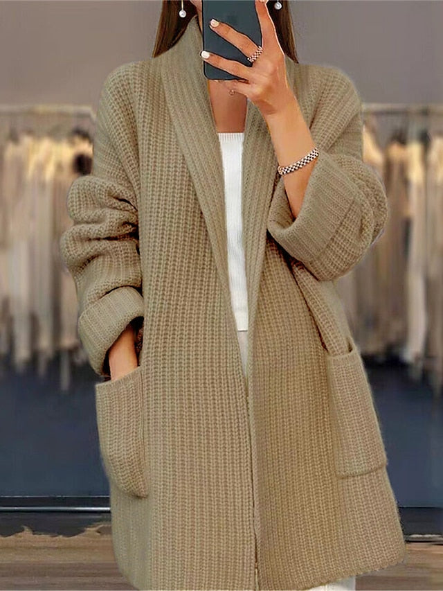 Women's Cardigan Sweater Open Front Ribbed Knit Acrylic Pocket Fall Winter Long Valentine's Day Daily Going out Stylish Casual Soft Long Sleeve Solid Color Pink Camel Beige S M L