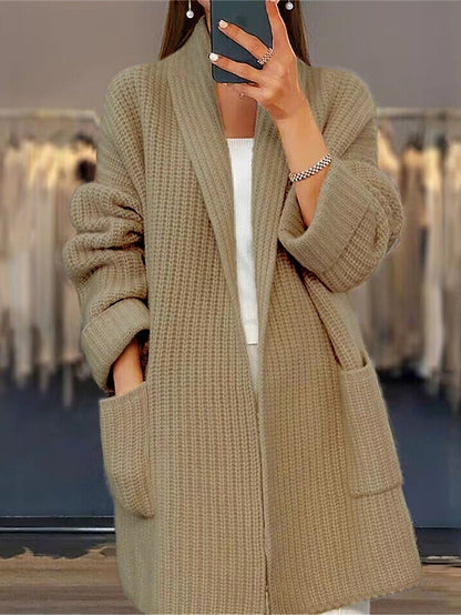 Women's Cardigan Sweater Open Front Ribbed Knit Acrylic Pocket Fall Winter Long Valentine's Day Daily Going out Stylish Casual Soft Long Sleeve Solid Color Pink Camel Beige S M L