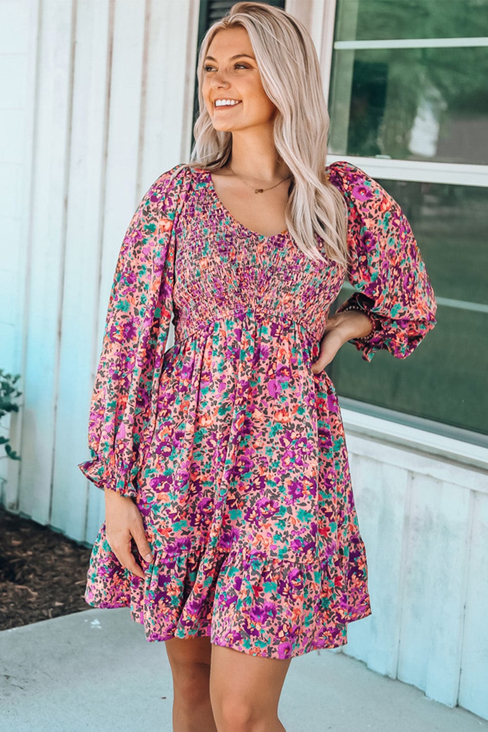 Purple Bohemian V Neck Smocked Floral Mini Dress