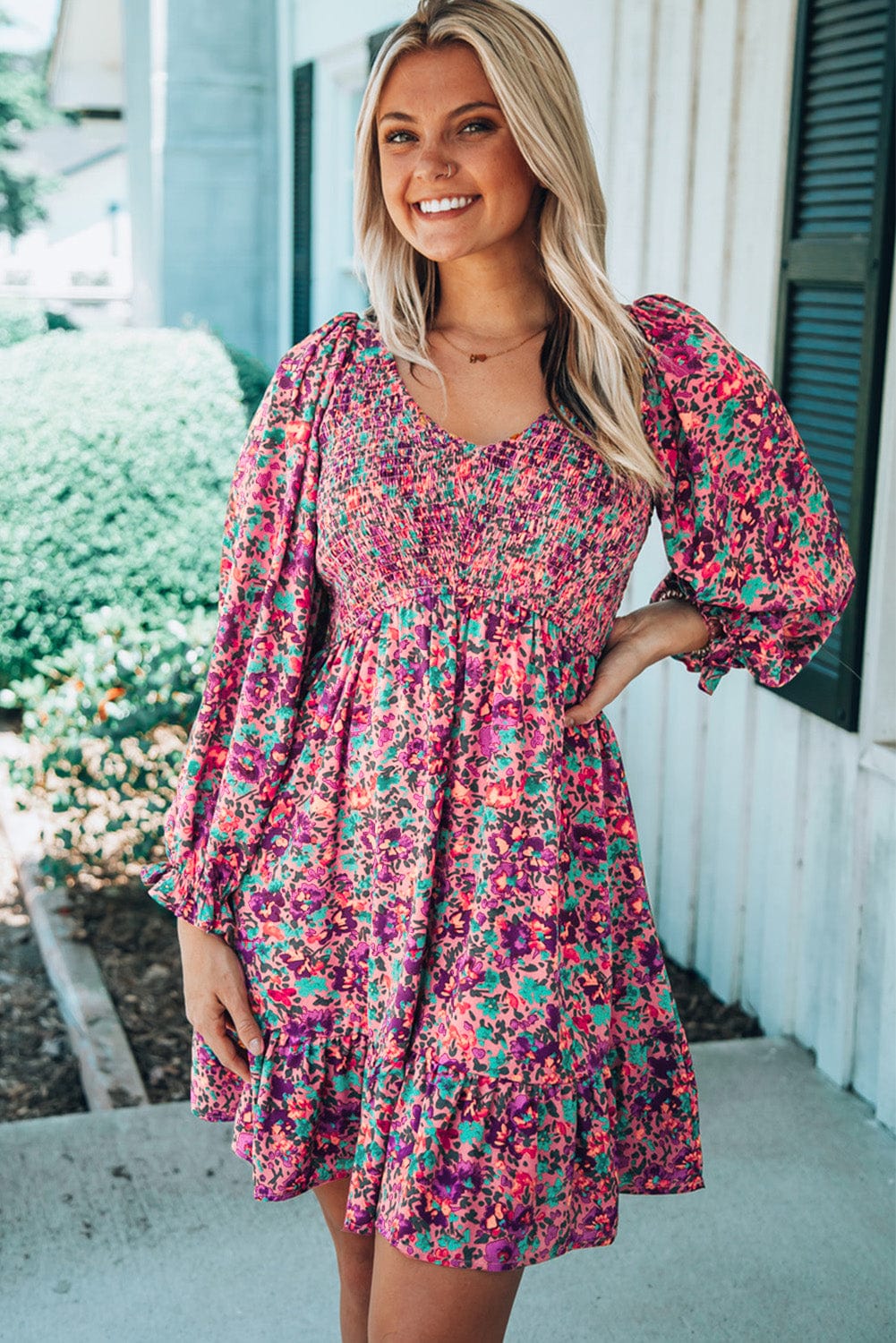 Purple Bohemian V Neck Smocked Floral Mini Dress