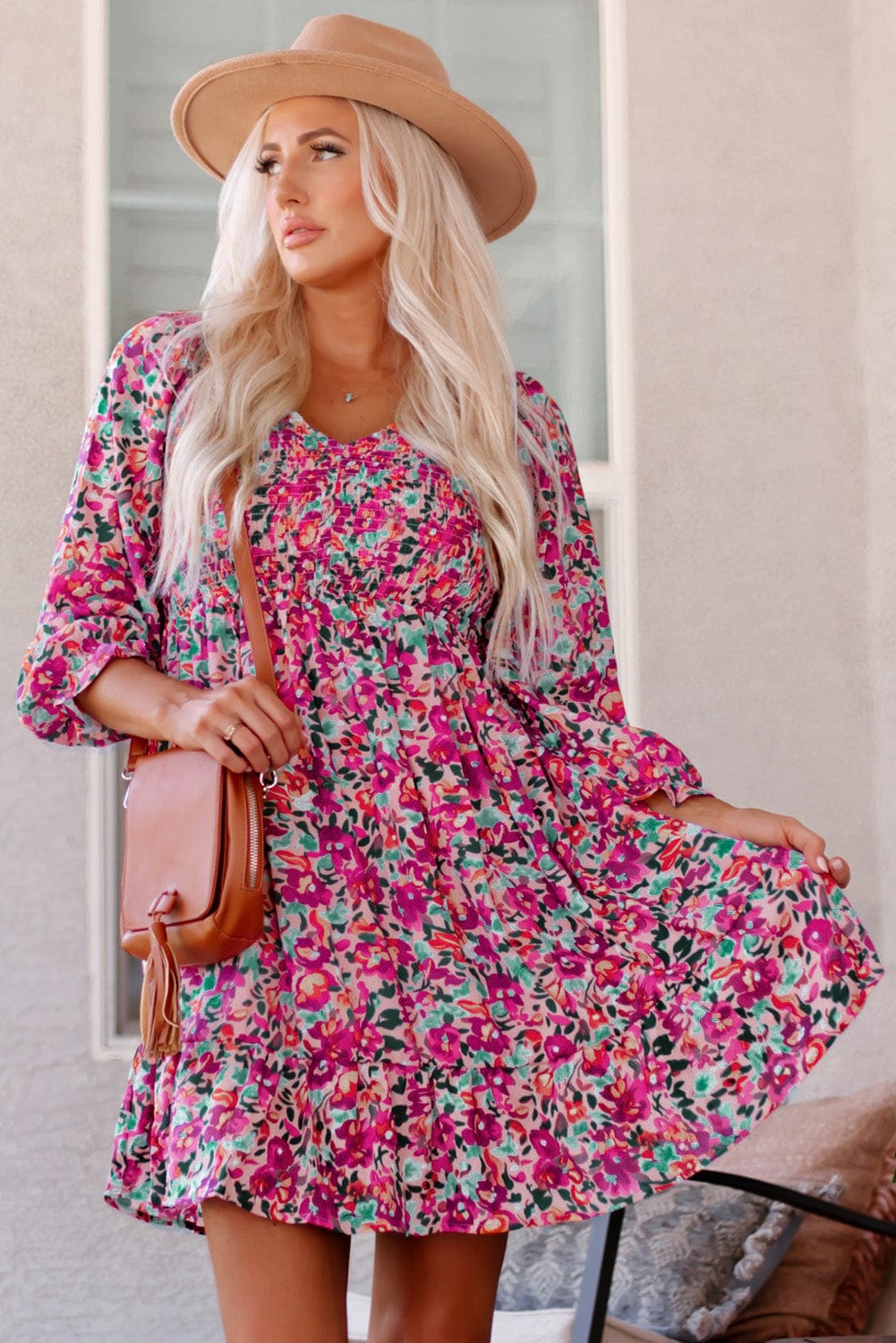 Purple Bohemian V Neck Smocked Floral Mini Dress