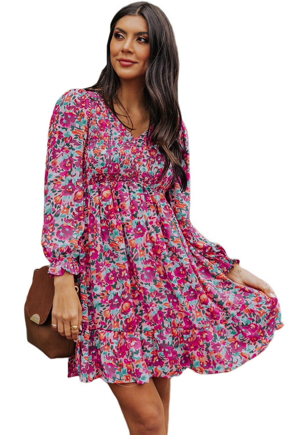 Purple Bohemian V Neck Smocked Floral Mini Dress