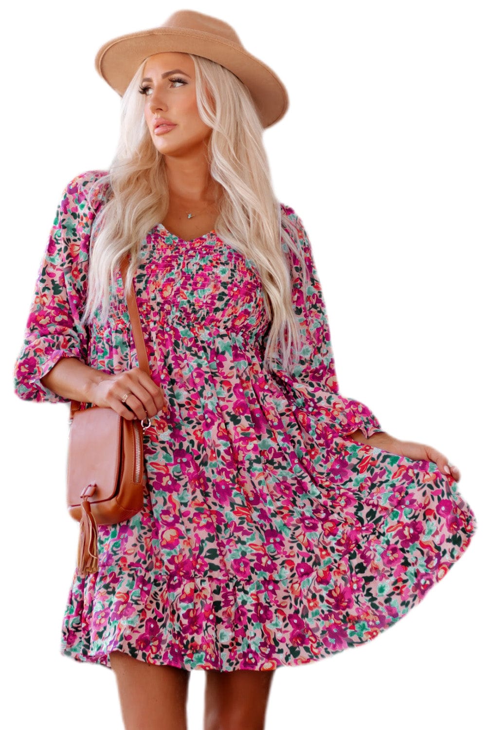 Purple Bohemian V Neck Smocked Floral Mini Dress