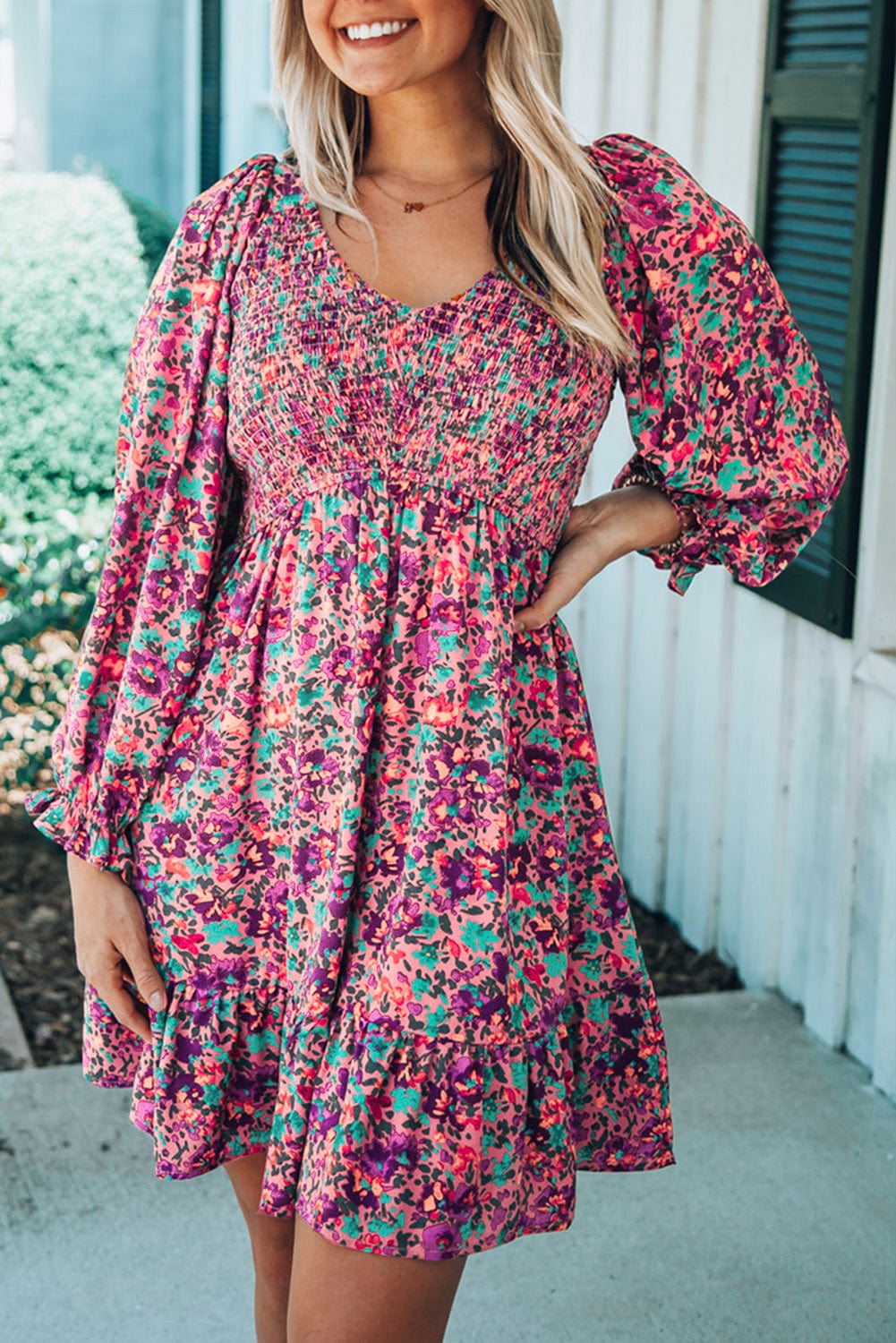 Purple Bohemian V Neck Smocked Floral Mini Dress