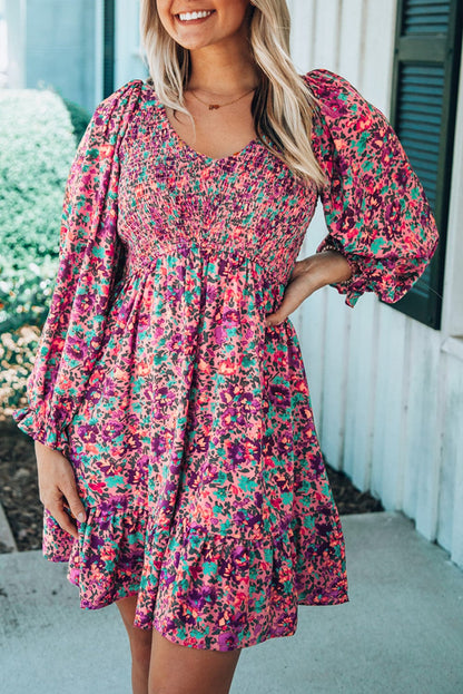 Purple Bohemian V Neck Smocked Floral Mini Dress