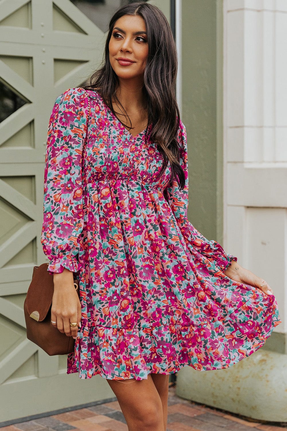 Purple Bohemian V Neck Smocked Floral Mini Dress