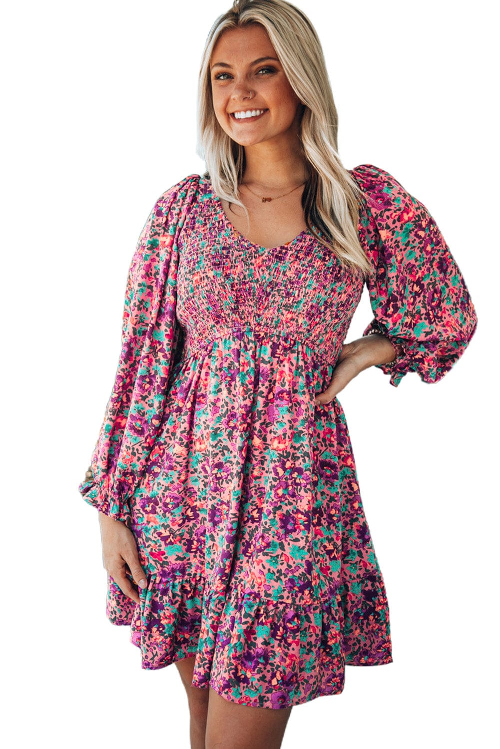 Purple Bohemian V Neck Smocked Floral Mini Dress