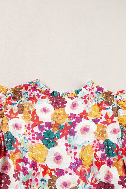 Purple Floral Flutter Sleeve Mini Dress with Split Neck