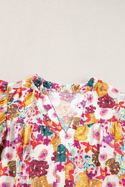 Purple Floral Flutter Sleeve Mini Dress with Split Neck