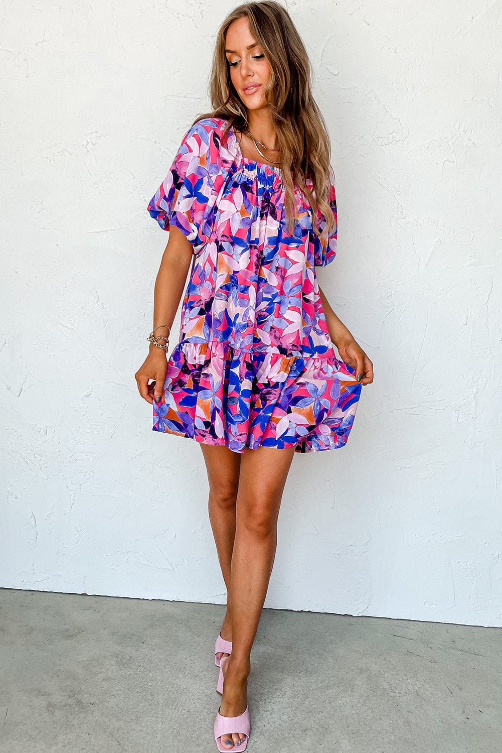 Purple Floral Print Ruffled Hem A-Line Mini Dress
