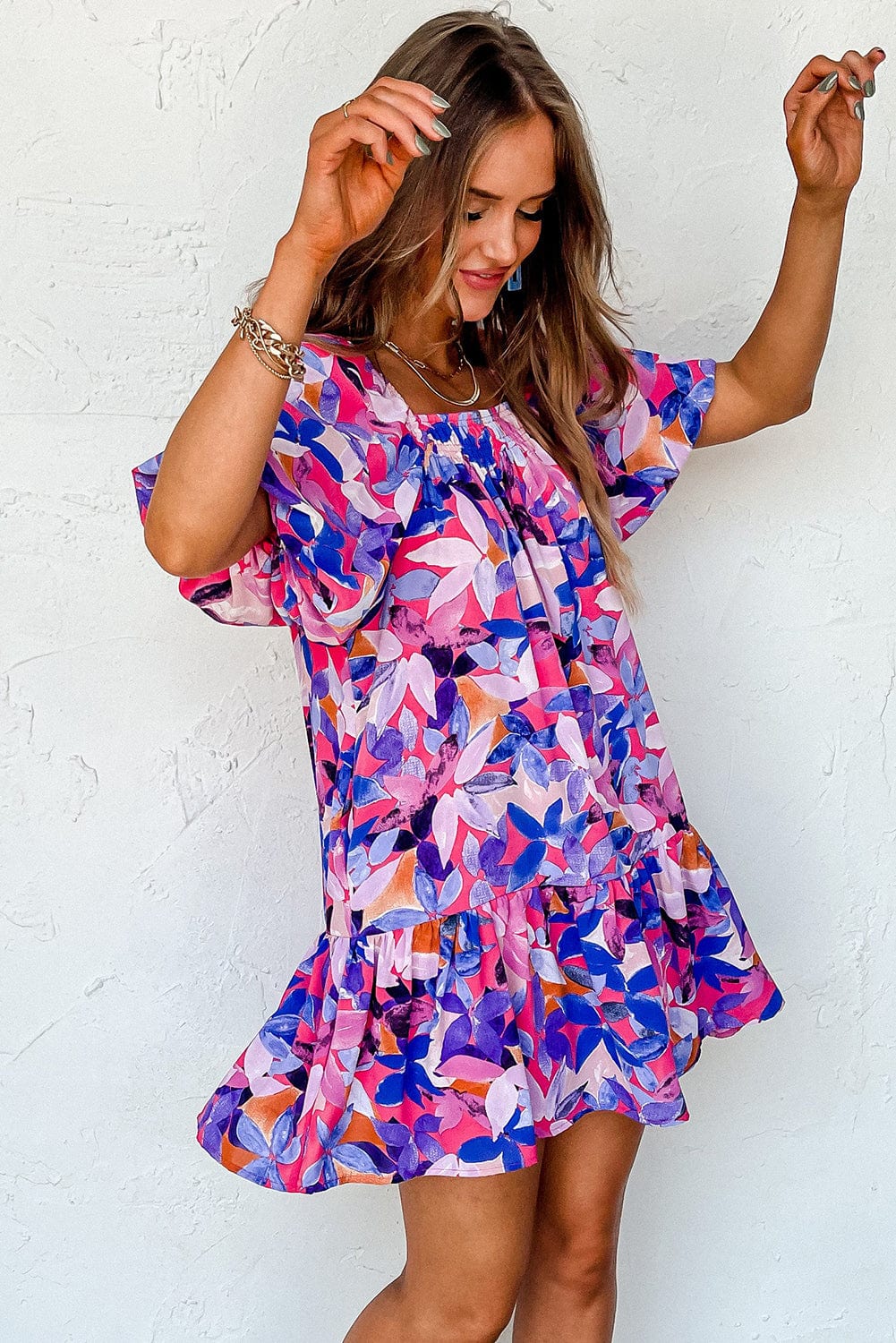 Purple Floral Print Ruffled Hem A-Line Mini Dress