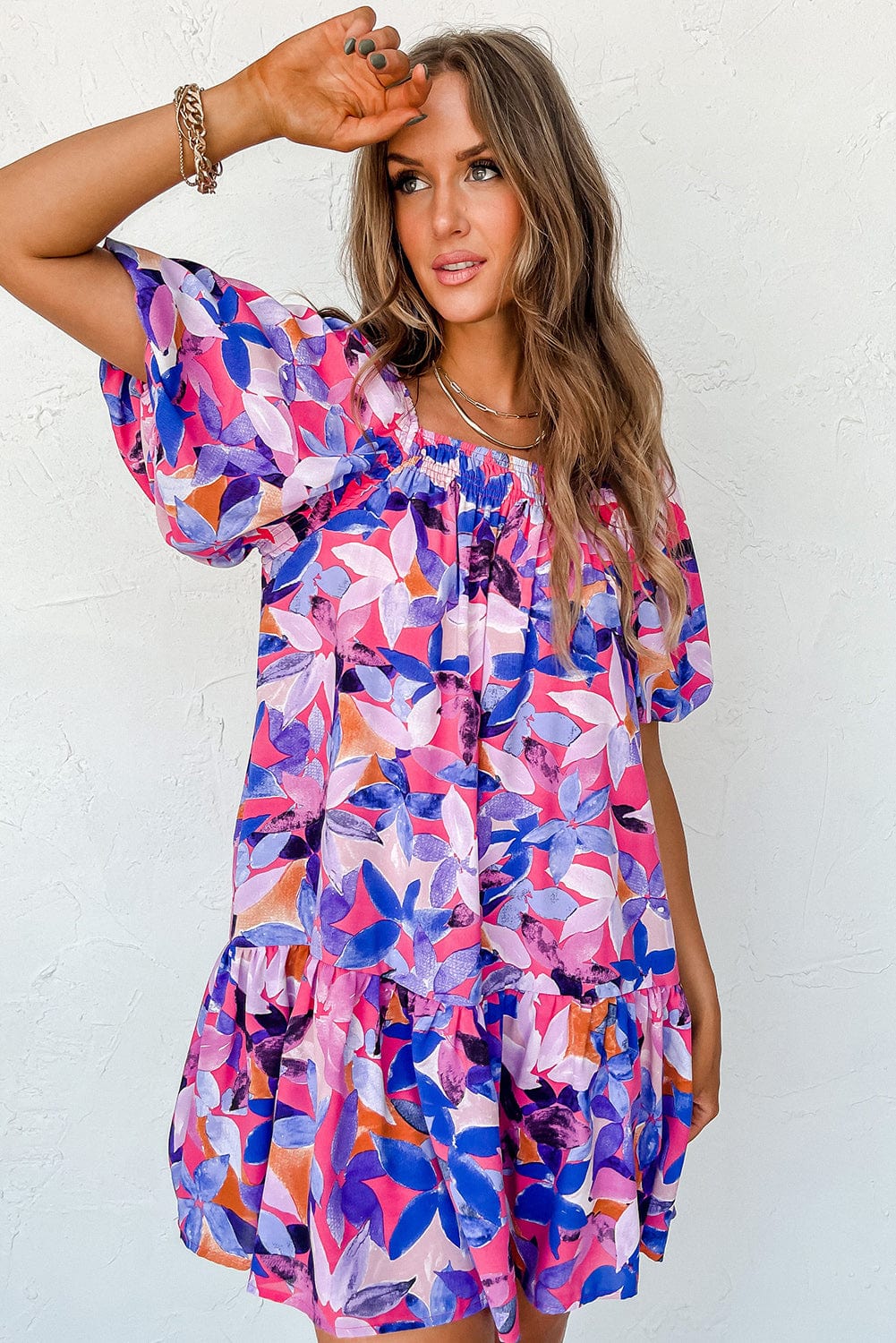 Purple Floral Print Ruffled Hem A-Line Mini Dress