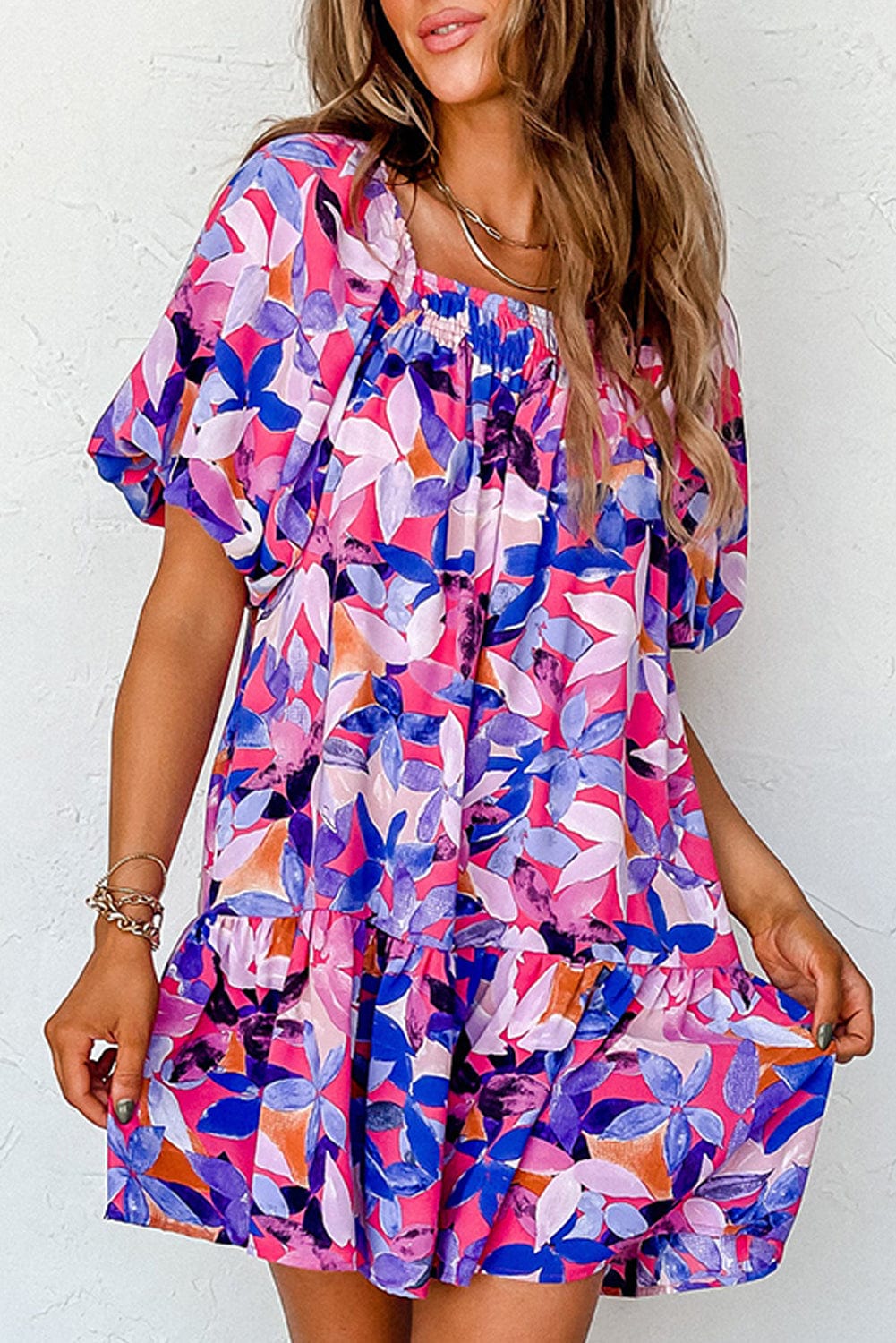 Purple Floral Print Ruffled Hem A-Line Mini Dress