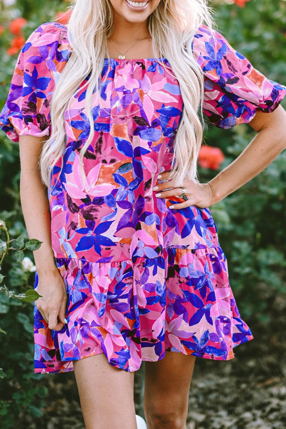 Purple Floral Print Ruffled Hem A-Line Mini Dress