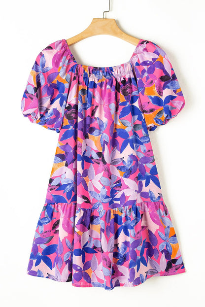 Purple Floral Print Ruffled Hem A-Line Mini Dress