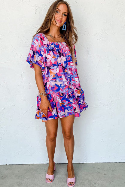 Purple Floral Print Ruffled Hem A-Line Mini Dress