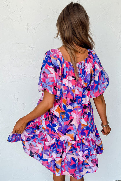 Purple Floral Print Ruffled Hem A-Line Mini Dress