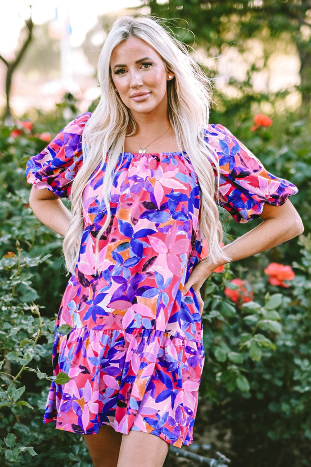 Purple Floral Print Ruffled Hem A-Line Mini Dress