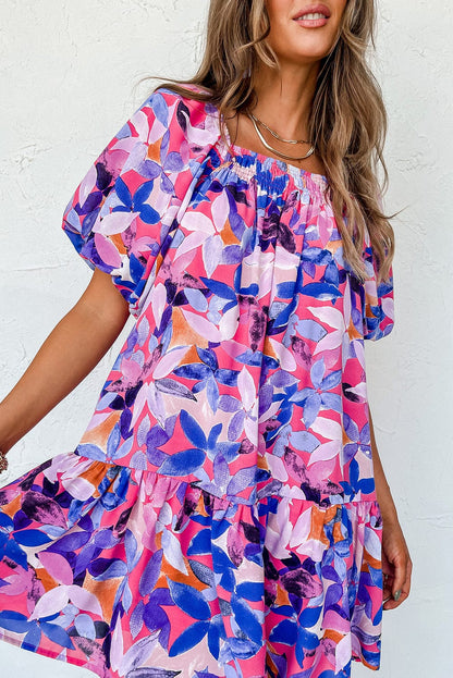 Purple Floral Print Ruffled Hem A-Line Mini Dress