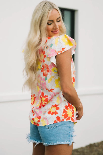 Purple Floral Ruffle Sleeve Shift Top with Stand Neck