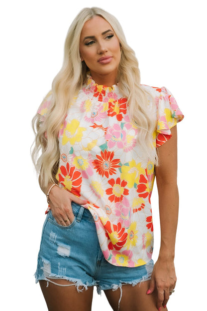 Purple Floral Ruffle Sleeve Shift Top with Stand Neck