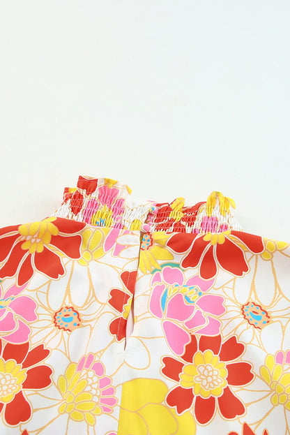 Purple Floral Ruffle Sleeve Shift Top with Stand Neck