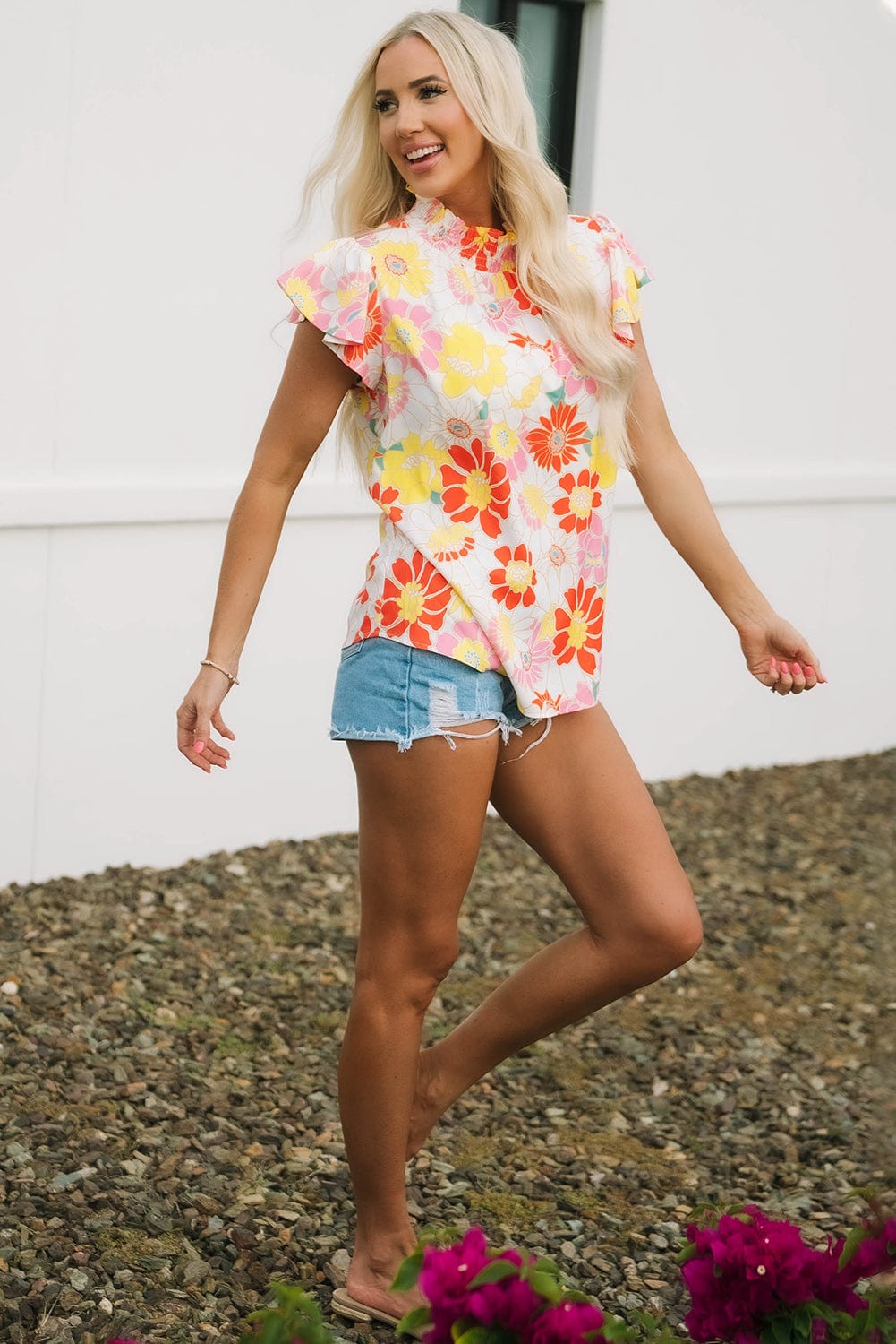 Purple Floral Ruffle Sleeve Shift Top with Stand Neck