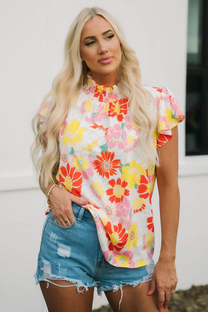 Purple Floral Ruffle Sleeve Shift Top with Stand Neck