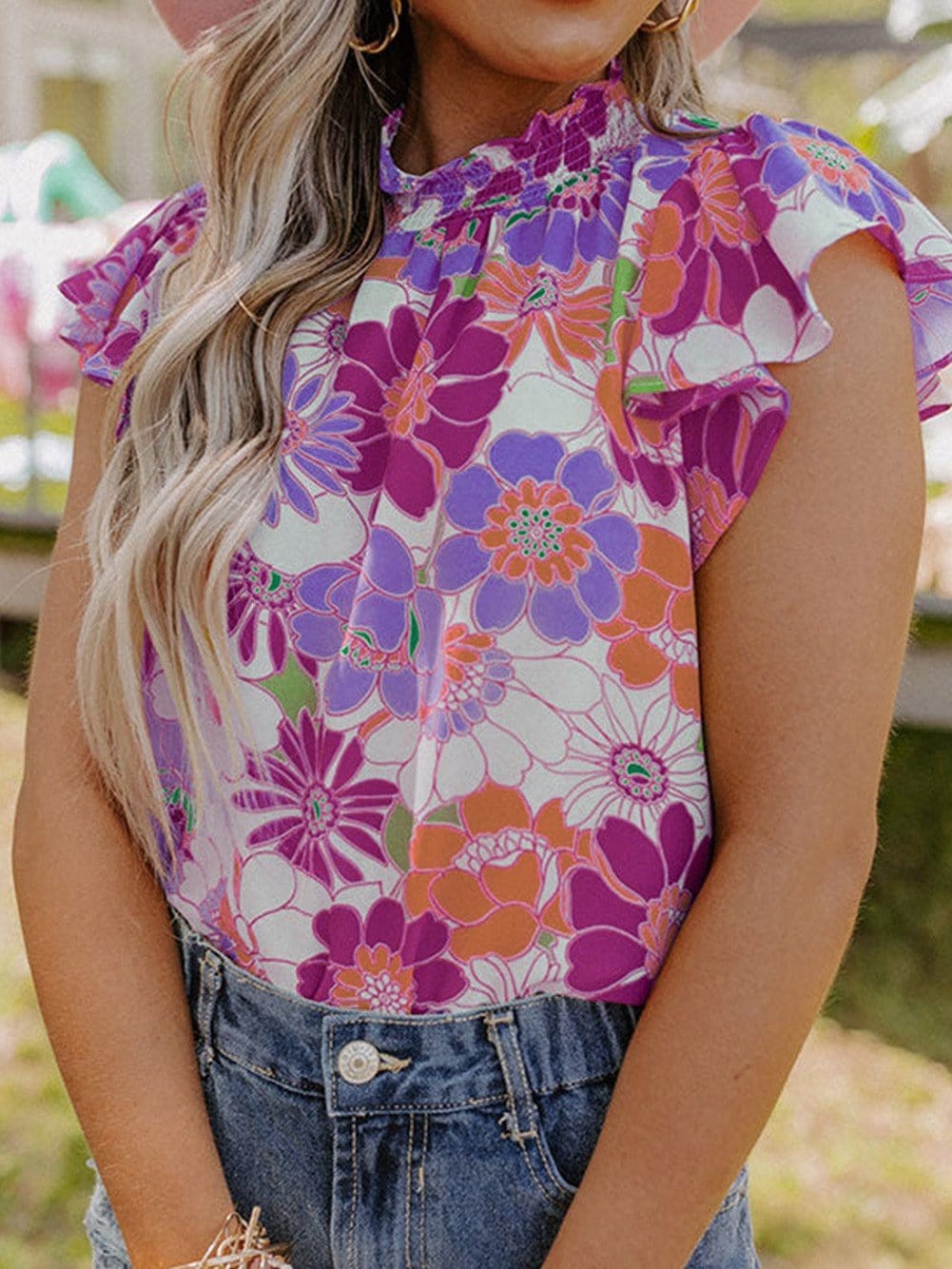 Purple Floral Ruffle Trim Stand Collar Blouse with Flutter Sleeves