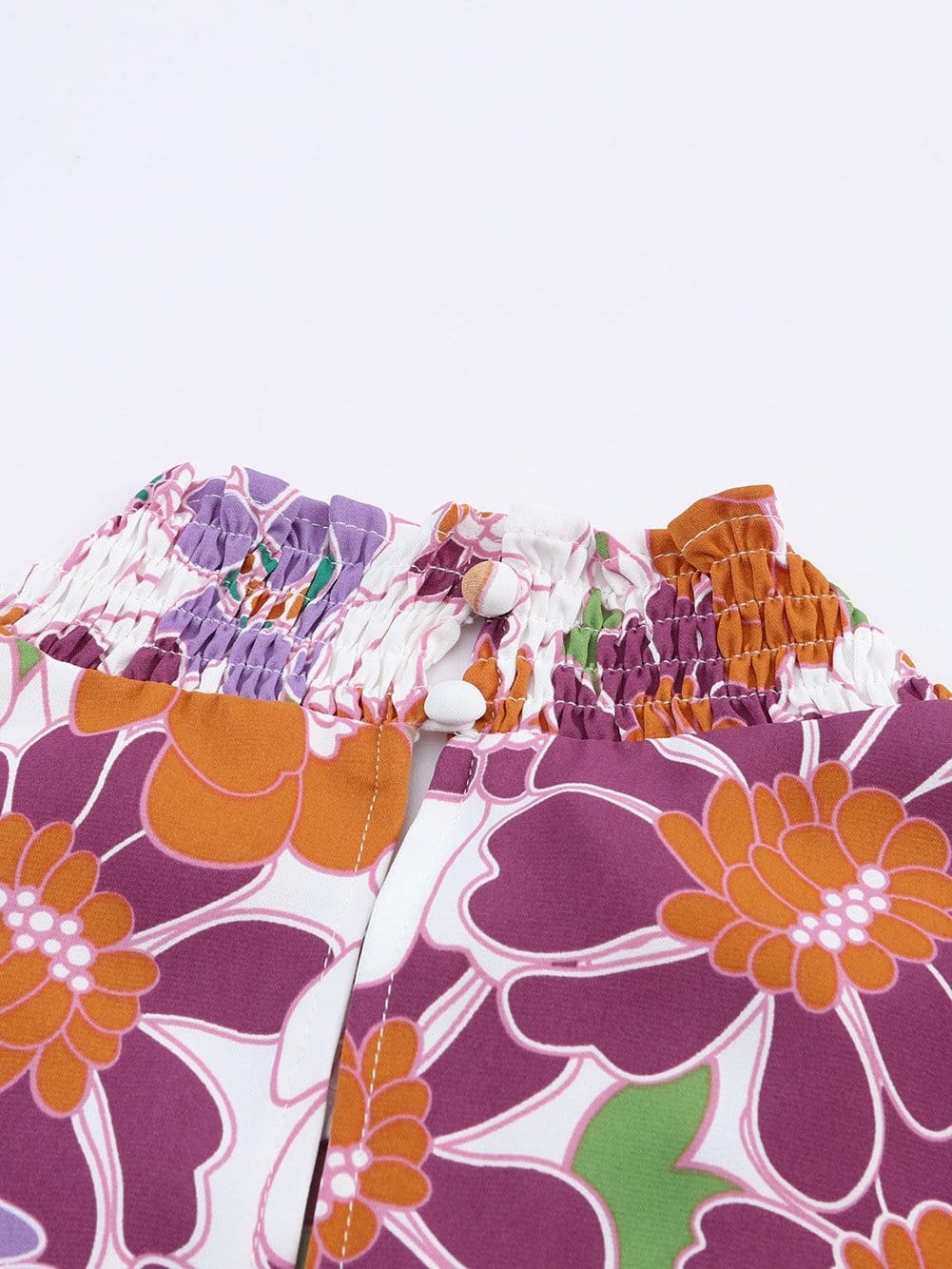 Purple Floral Ruffle Trim Stand Collar Blouse with Flutter Sleeves