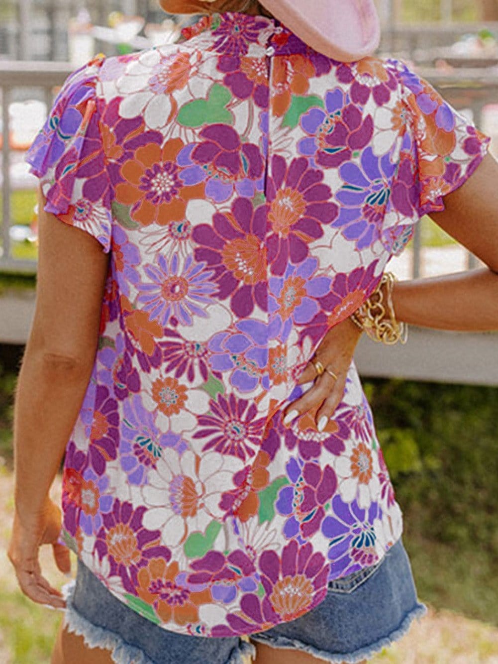Purple Floral Ruffle Trim Stand Collar Blouse with Flutter Sleeves