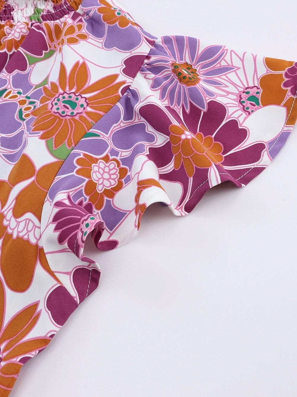 Purple Floral Ruffle Trim Stand Collar Blouse with Flutter Sleeves