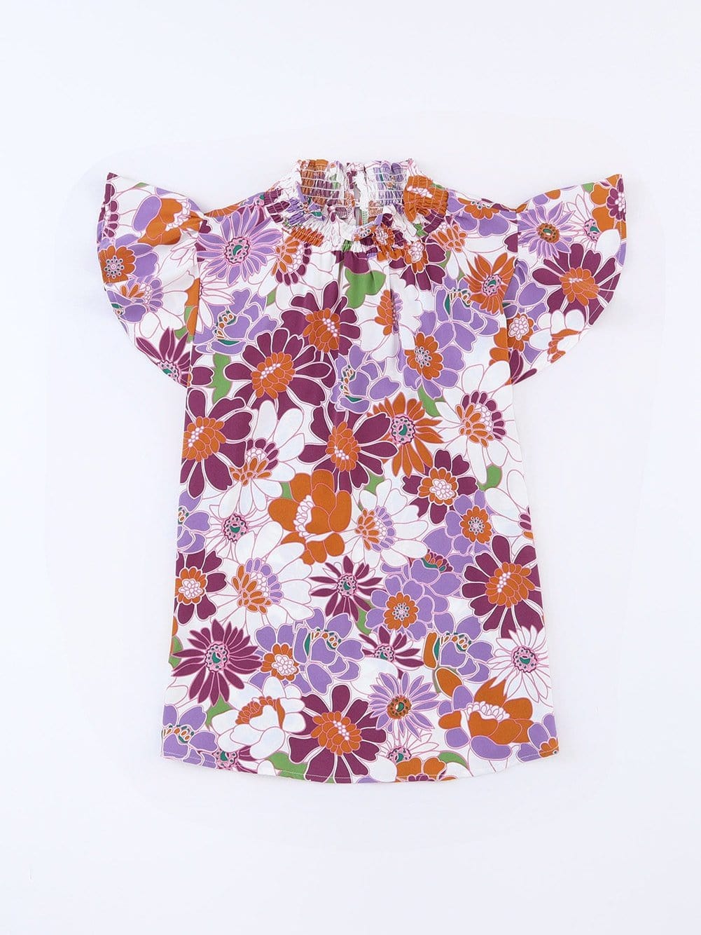 Purple Floral Ruffle Trim Stand Collar Blouse with Flutter Sleeves