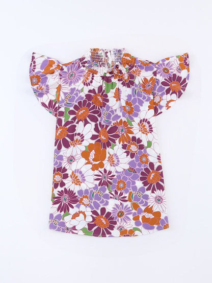 Purple Floral Ruffle Trim Stand Collar Blouse with Flutter Sleeves