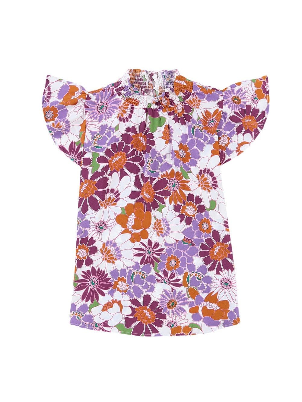 Purple Floral Ruffle Trim Stand Collar Blouse with Flutter Sleeves