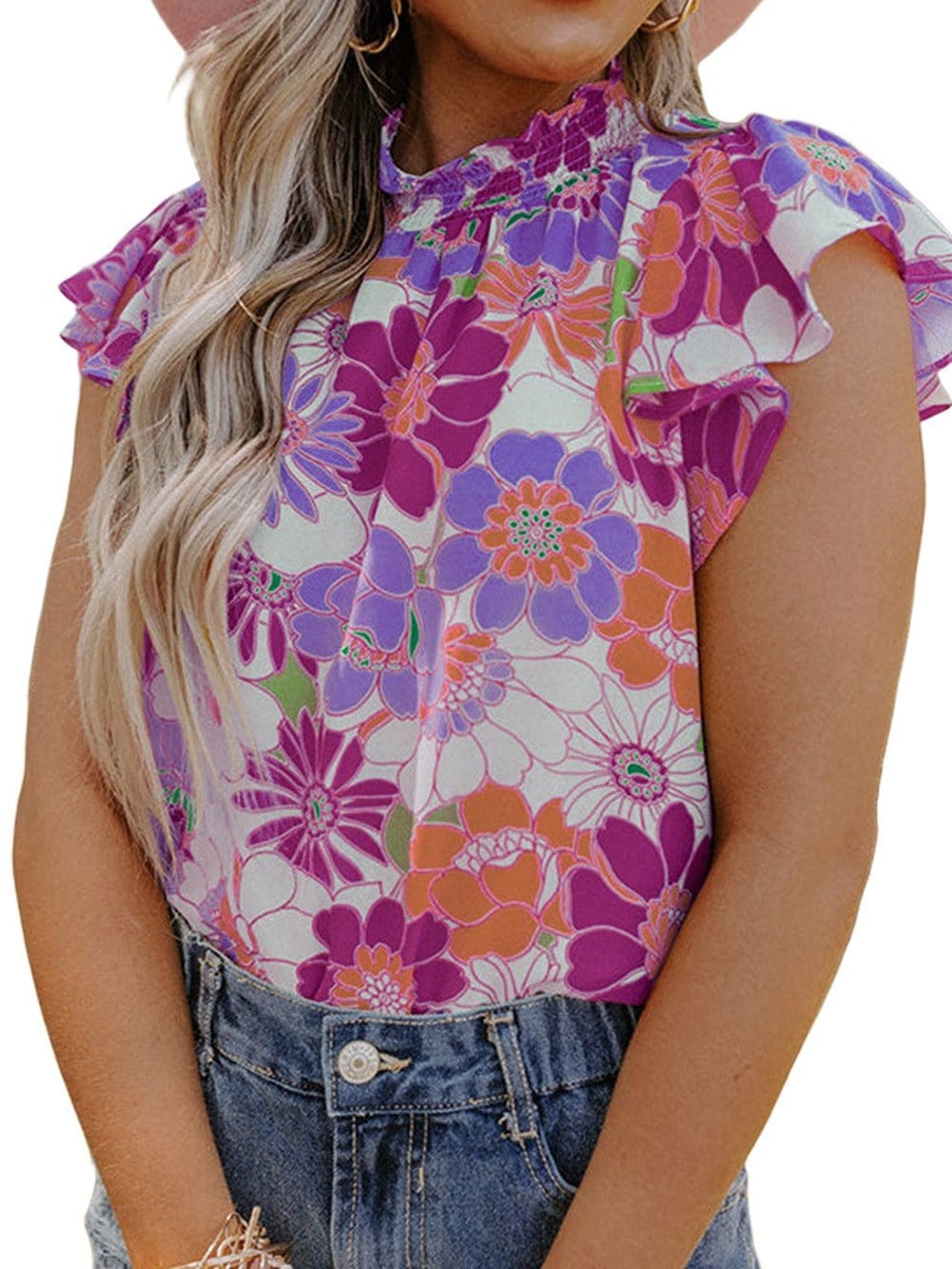 Purple Floral Ruffle Trim Stand Collar Blouse with Flutter Sleeves