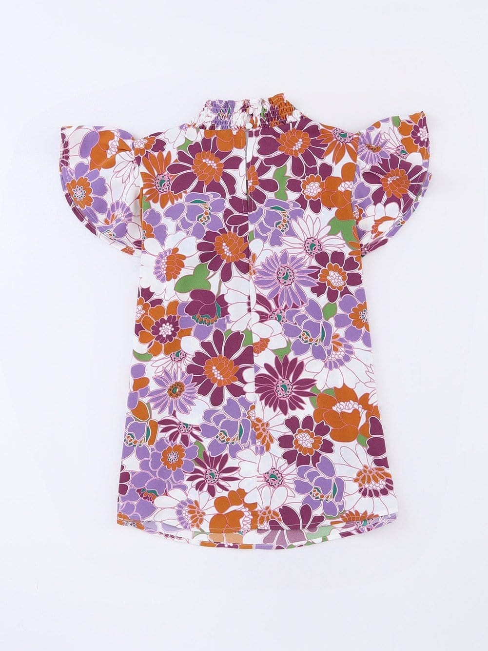 Purple Floral Ruffle Trim Stand Collar Blouse with Flutter Sleeves