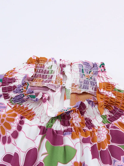 Purple Floral Ruffle Trim Stand Collar Blouse with Flutter Sleeves