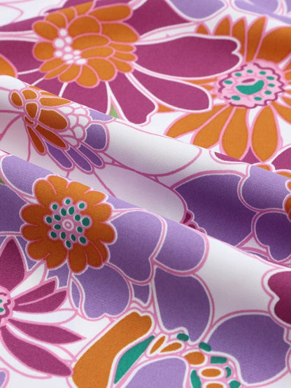 Purple Floral Ruffle Trim Stand Collar Blouse with Flutter Sleeves