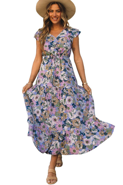 Purple Maxi Bohemian Floral Dress with Layered Ruffle Sleeves