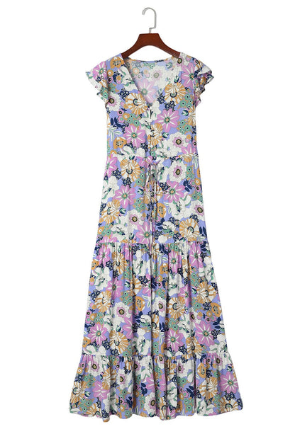 Purple Maxi Bohemian Floral Dress with Layered Ruffle Sleeves